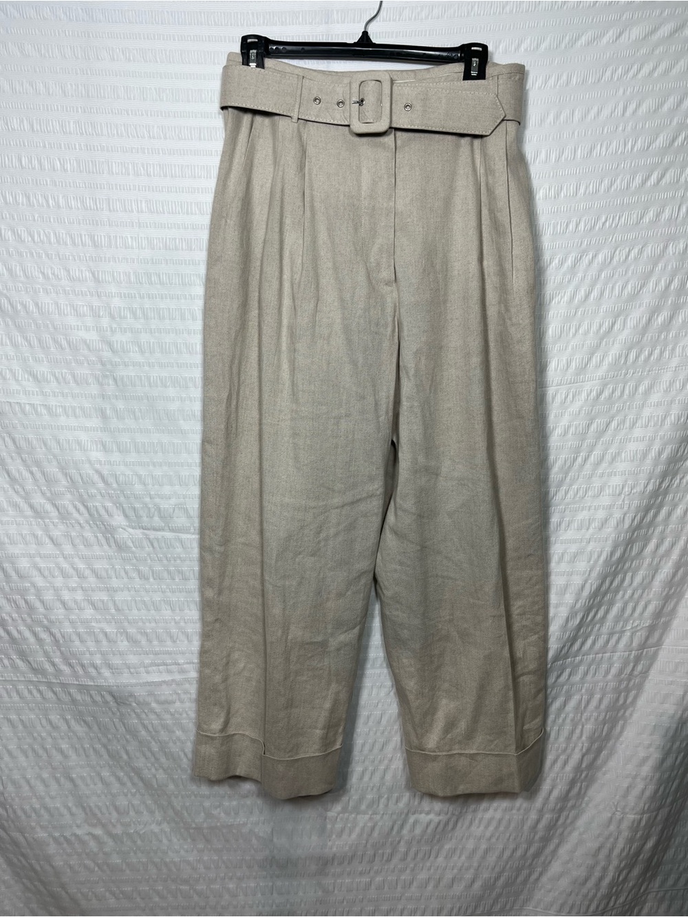 Isa Afren High-Waist Belted Wide Leg Cropped linen cotton Trousers size 12 Beige